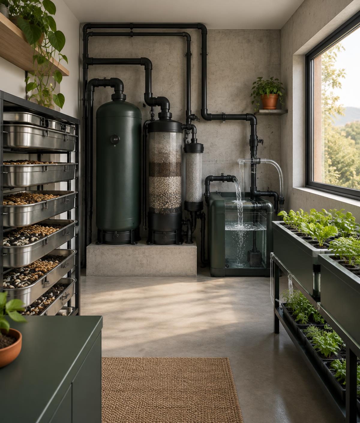 A closed-loop resource room with filtration tanks, compost trays and seedlings