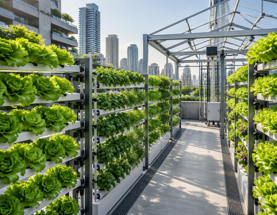 Vertical hydroponic racks of leafy crops on a city rooftop
