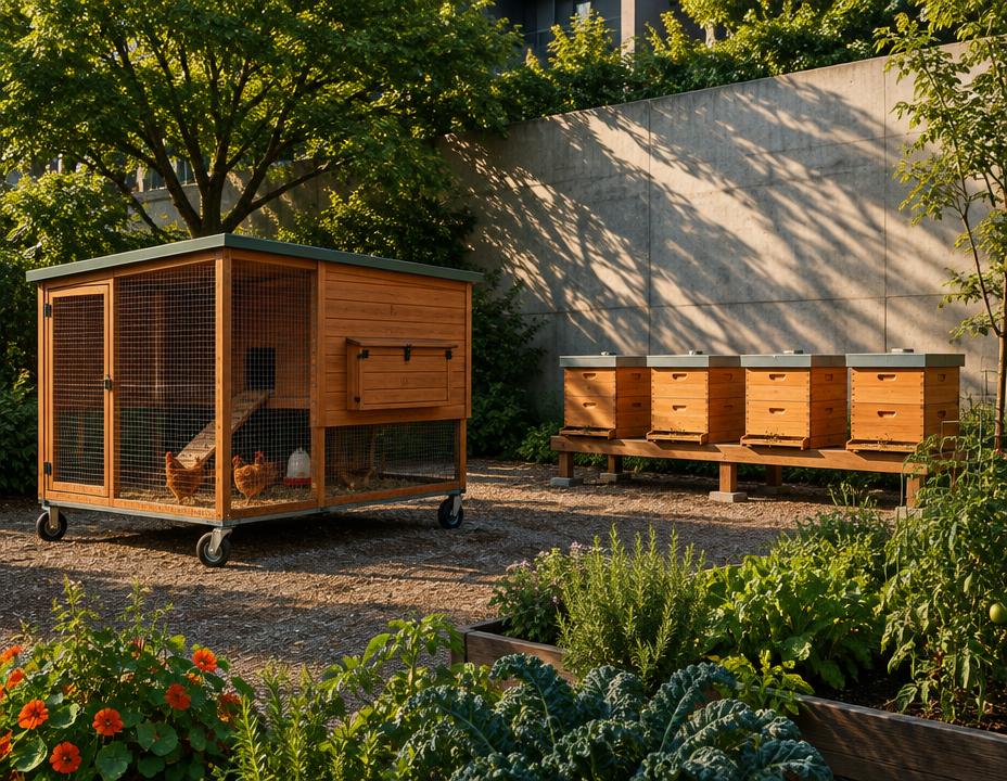 Mobile chicken coop and row of beehives in an urban garden