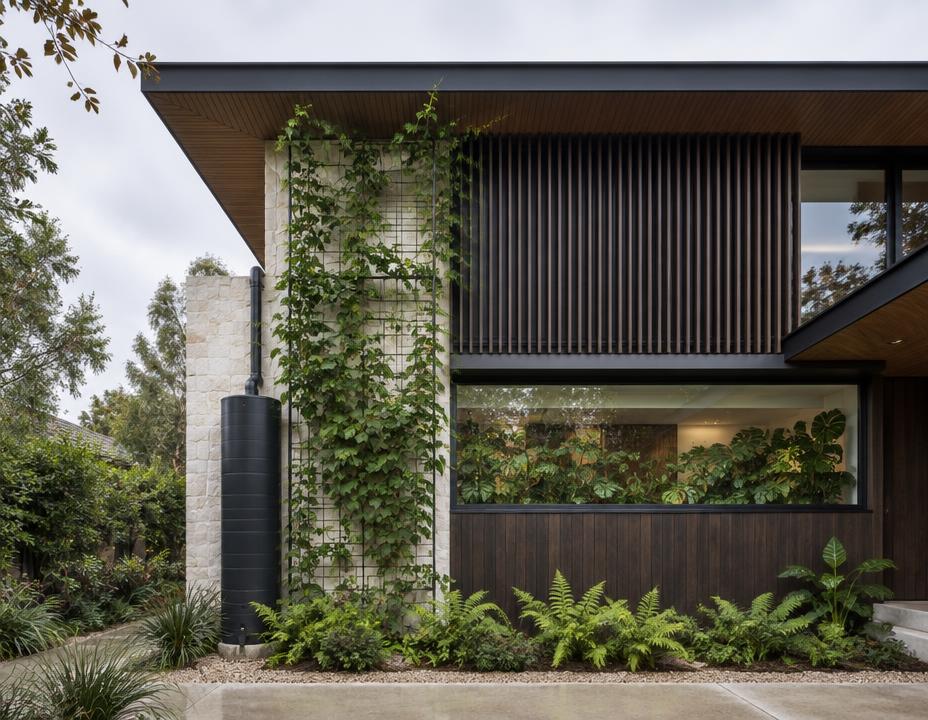 Retrofitted house facade with rainwater tank and planted trellis