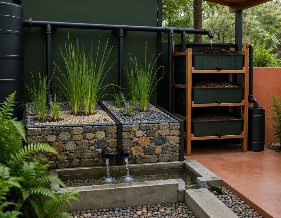 Greywater filtration beds with pipes and planted stone channels